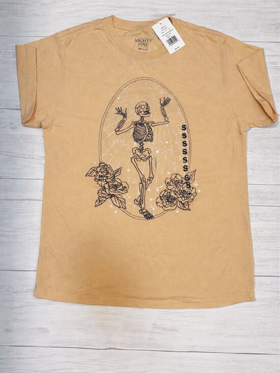 Mighty Fine Tops - NWT Skeleton Graphic T-Shirt Women’s Small Peach Floral Goth Aesthetic Tee
